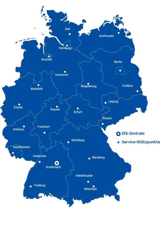 Eine blaue Landkarte deutschlands, auf dem der Hauptstandort des Unternehmens DIS Daten-Service-IT GmbH abgebildet ist.